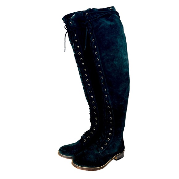 🖤 Free People Black Suede Tall Lace Up Over the Knee Boots - Picture 1 of 14